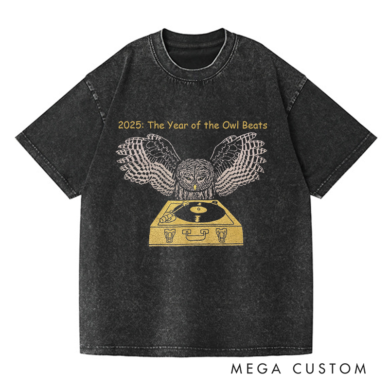 Personalized Washed T-Shirts DJ Owl Record Bird Feathers Retro Spinning Chartreuse Turntable Awesome Music T-Shirt