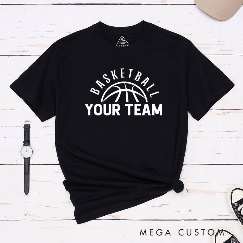 Personalized Basketball T-Shirt Design Featuring Custom Team Name Arched Text and Bold Basketball Graphic