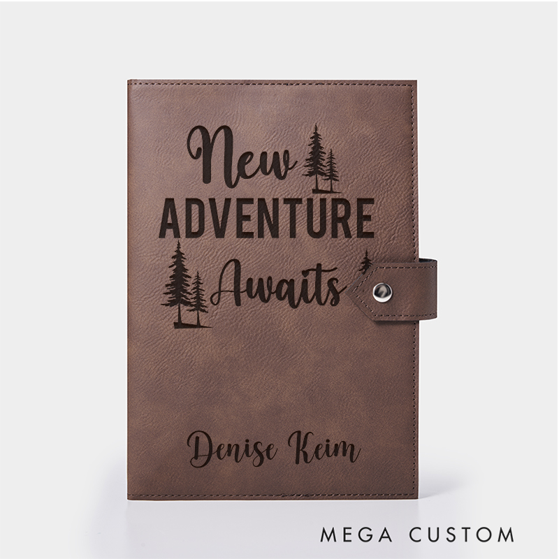 Personalized New Adventure Awaits Leather Notebook for Traveling Lovers Leather Journal Travel Gift