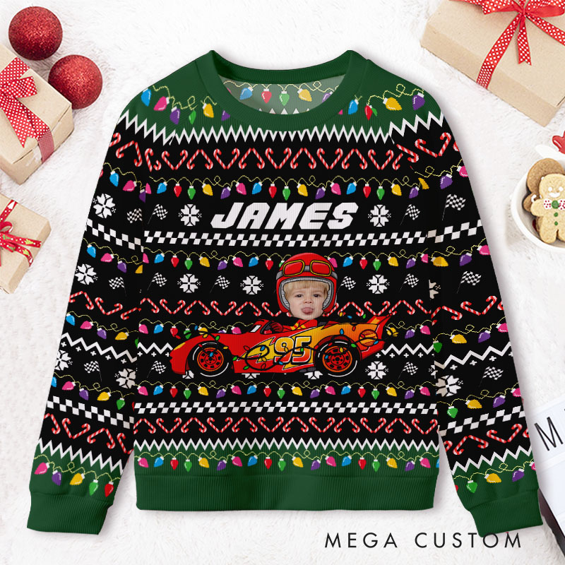 Personalized Kid Face Car Toy Festive Christmas Lights and Name with Santa Joy Ugly Sweater Shirt