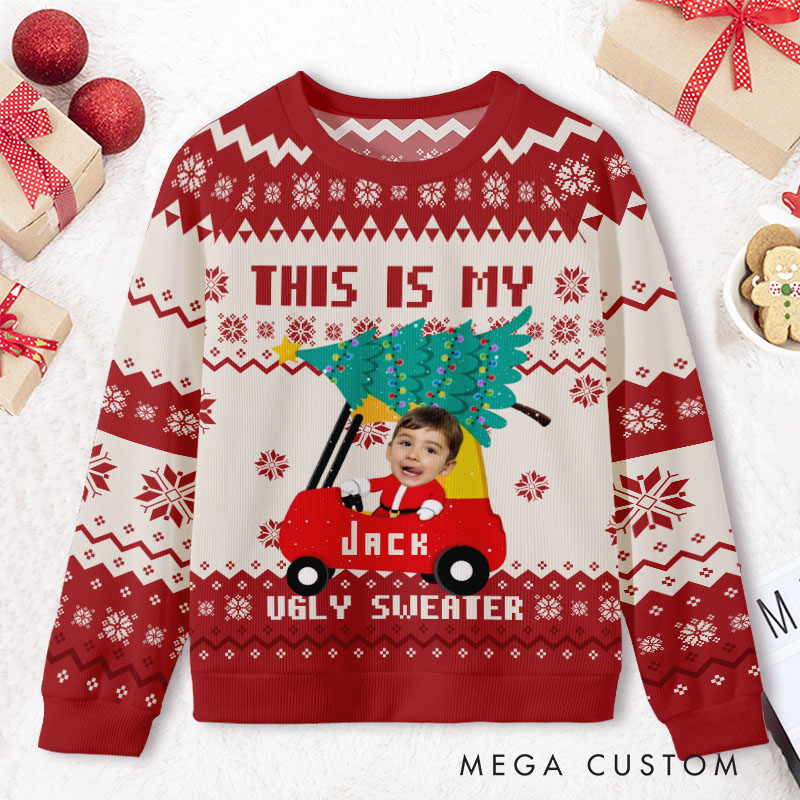 Personalized Festive Holiday Car with Christmas Tree Custom Name and Photo Cozy Ugly Sweater Shirt