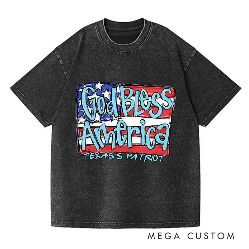 Personalized Washed T-Shirts God Bless America Patriotic and Red White and Blue American Flag T-Shirt
