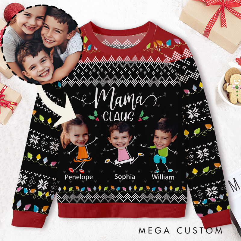 Personalized Mama Claus with Custom Kids Photos Festive Holiday Joy Ugly Sweater Shirt