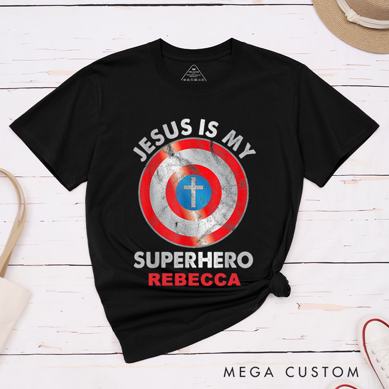 Personalized Jesus is My Superhero Cotton T-Shirt with Name Christian Unisex Classic T-Shirt Pastor Appreciation Gift Religious Gift for Jesus Lover