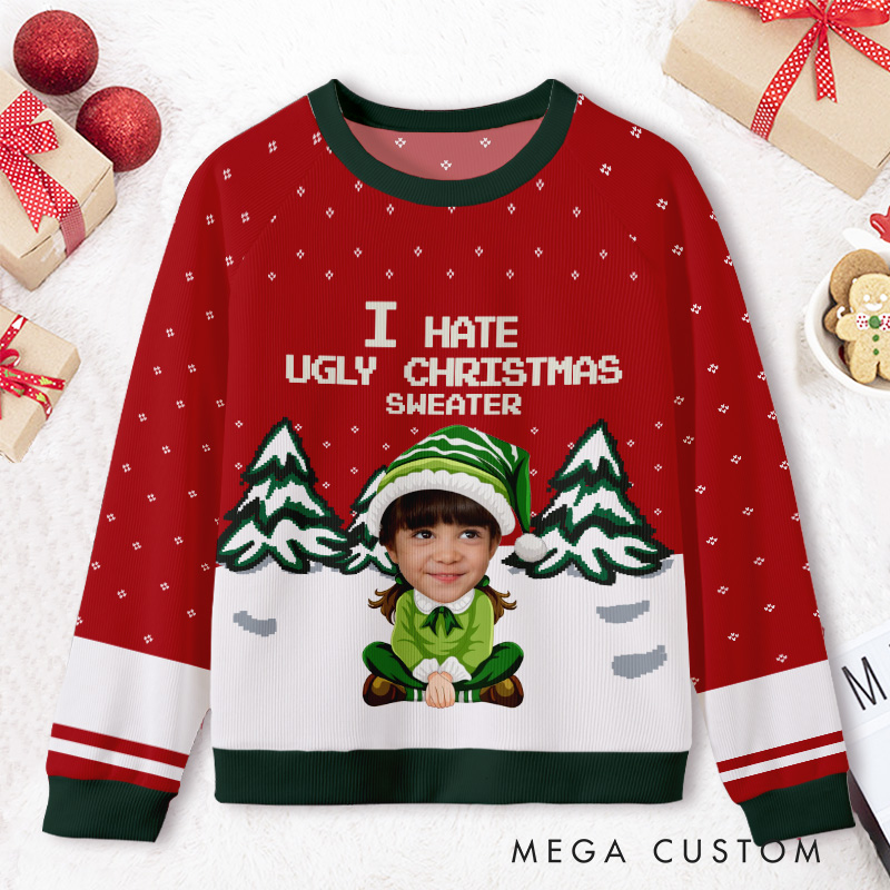 Personalized Funny Elf with Custom Face I Hate Ugly Christmas Humor Ugly Sweater Shirt