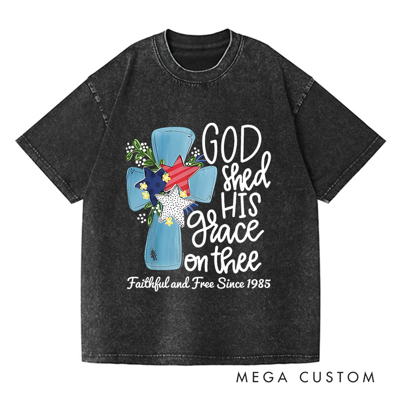 Personalized Washed T-Shirts God Shed His Grace on Thee Patriotic Cross T-Shirt
