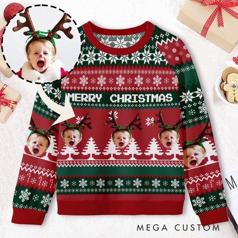Personalized Reindeer Antlers with Custom Face Merry Christmas Cheer Ugly Sweater Shirt