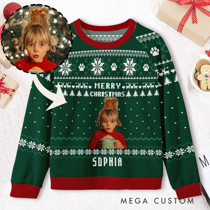 Personalized Festive Wreath with Custom Photo Green Holiday Greetings Ugly Sweater Shirt