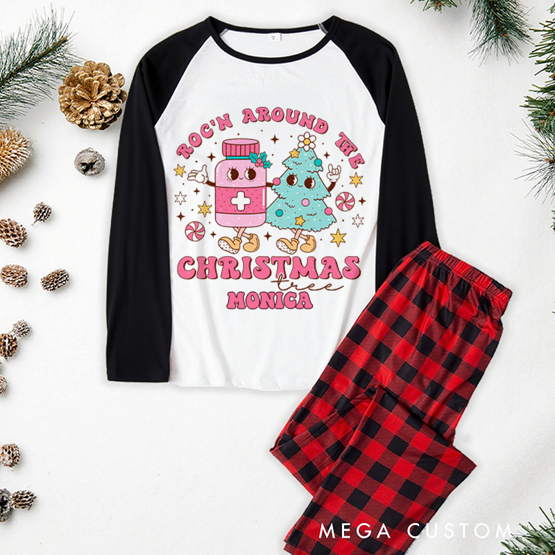 Personalized Nurse Christmas Pajama Sets Custom Rockin Around the Christmas Tree Design Pajamas Xmas Gift