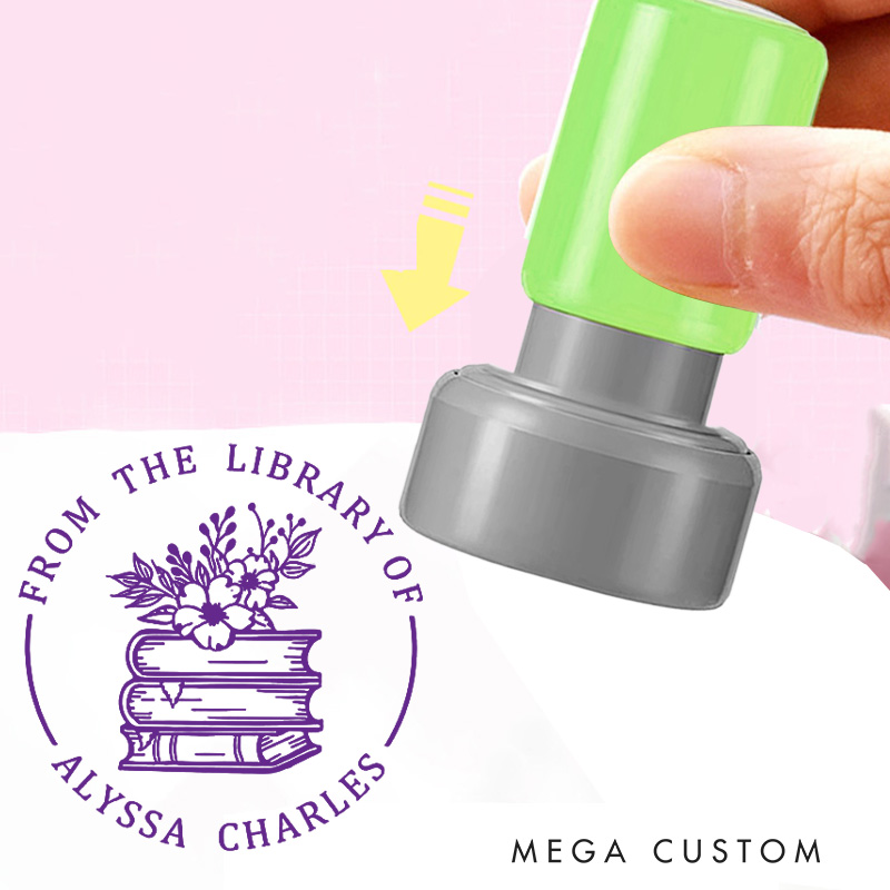 Personalized Books and Flowers Book Stamp Custom from the Library of Stamp Library Stamp with Name Book Lover Gift for Librarian Gift