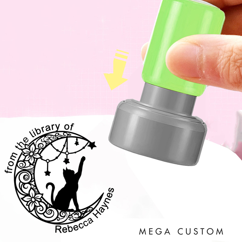 Personalized Cat and Moon Book Stamp from the Library of Stamp Custom Round Librarian Stamp with Name Book Lover Gift for Reading Lover Gift