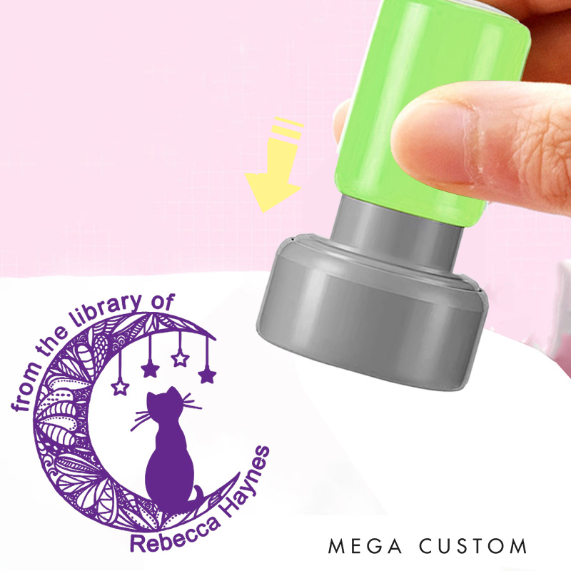 Personalized Cat and Flower Moon Book Stamp from the Library of Stamp with Name Custom Round Librarian Stamp Book Lover Gift for Bookish Gift