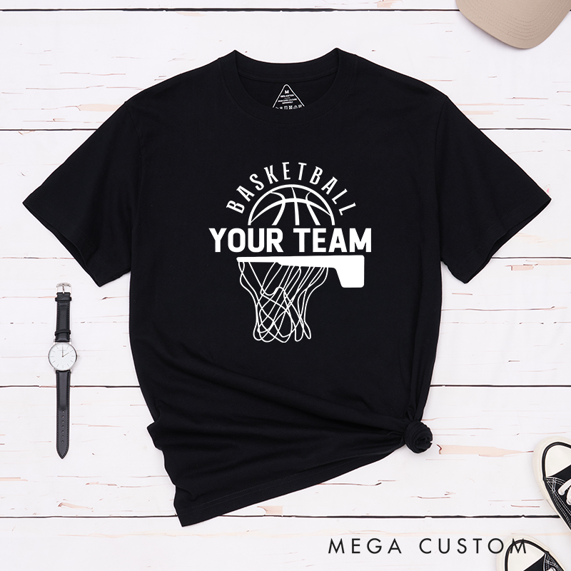 Personalized Basketball T-Shirt Design Showcasing Custom Team Name Bold Basketball Graphic Dynamic Hoop and Net Illustration and Stylish Arched Text Layout