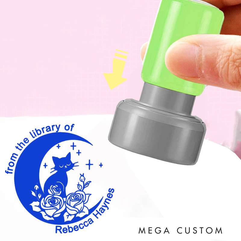 Personalized Moon Cat and Flower Book Stamp Custom from the Library of Stamp with Name Round Librarian Stamp for Book Lover Gift Bookish Gift