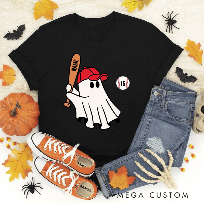 Personalized Halloween T-Shirt with Ghost Holding Bat Custom Text 