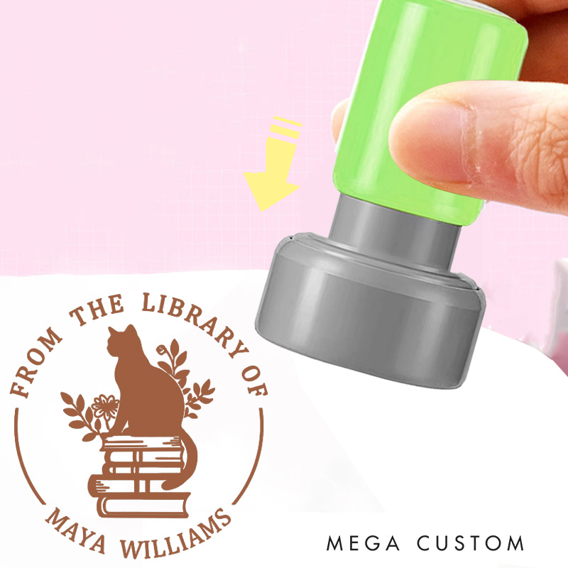 Personalized Book Flower and Cat Book Stamp Custom Round from the Library of Stamp with Name Librarian Stamp for Book Lover Gift Bookish Gift