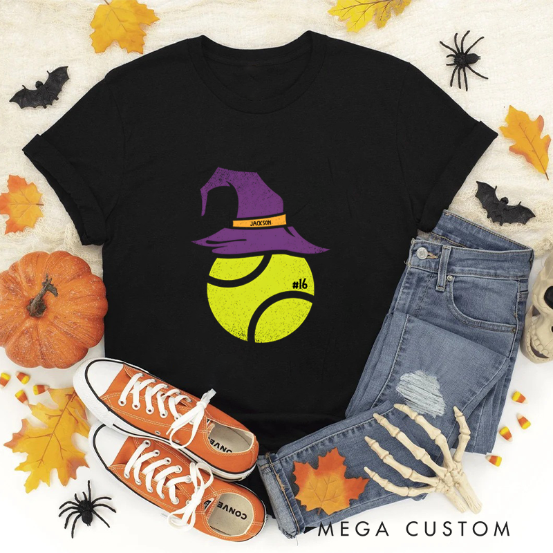 Personalized Halloween Tennis T-Shirt with Witch Hat, Custom Name, and Number