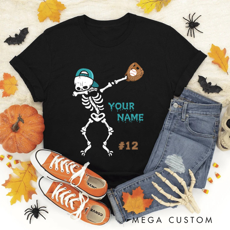 Personalized Skeleton Baseball T-Shirt with Custom Team Name and Number