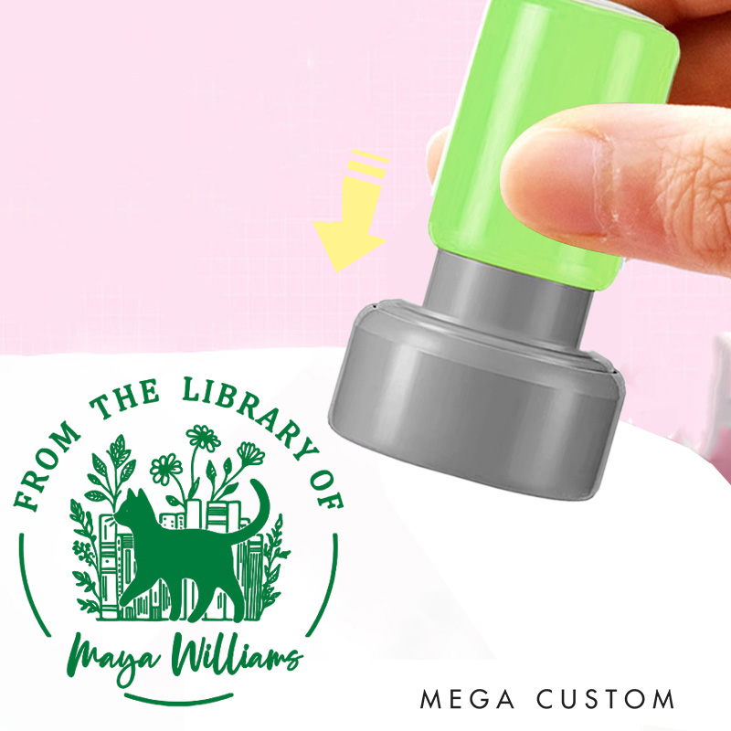 Personalized Walking Cat and Flower Books Book Stamp Custom Round from the Library of Stamp with Name Stamp for Book Lover Gift Bookish Gift