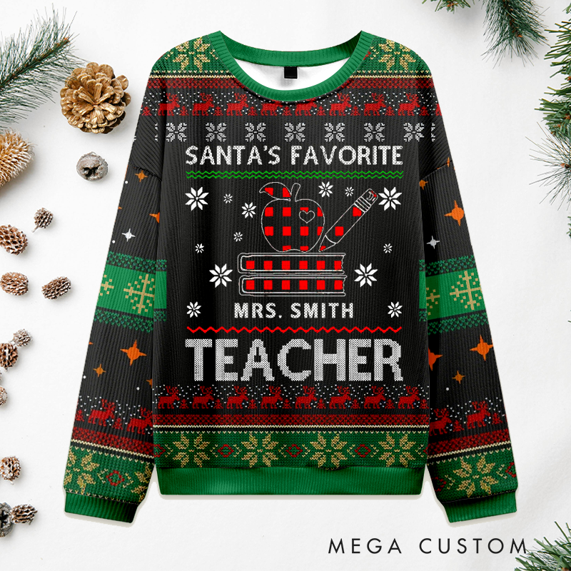 Personalized Teacher Christmas Ugly Sweater Cute Apple Book Design Sweater Appreciation Gift for Teachers