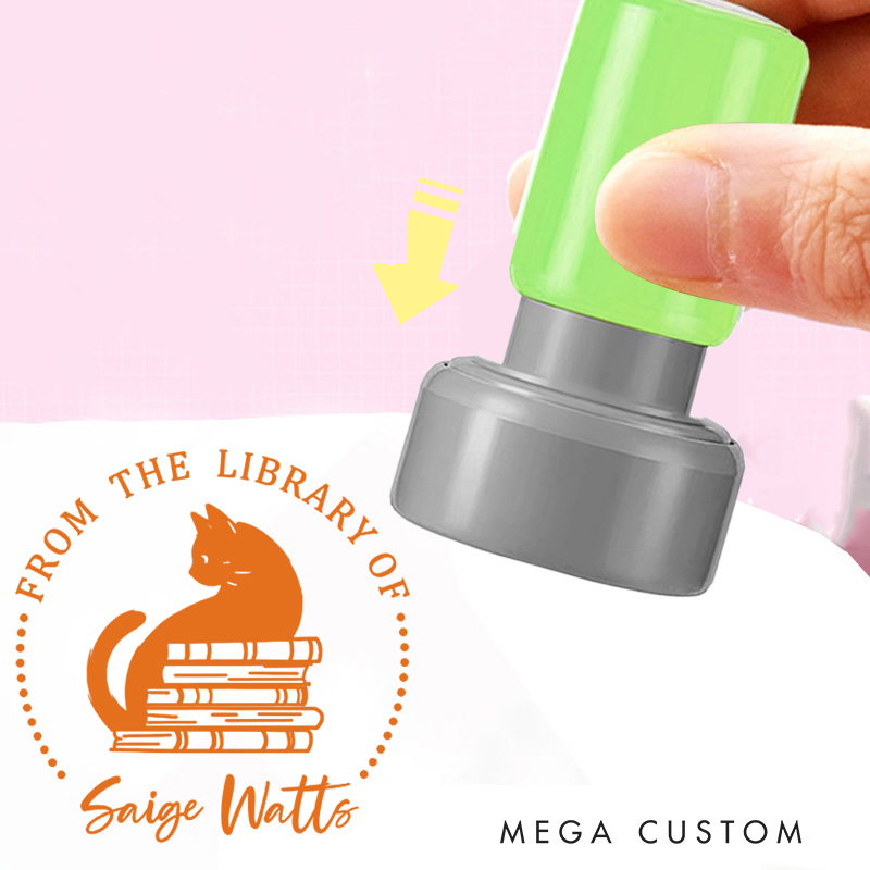 Personalized Cat and Books Book Stamp Round from the Library of Stamp with Name Custom Stamp for Book Lover Gift Reading Gift