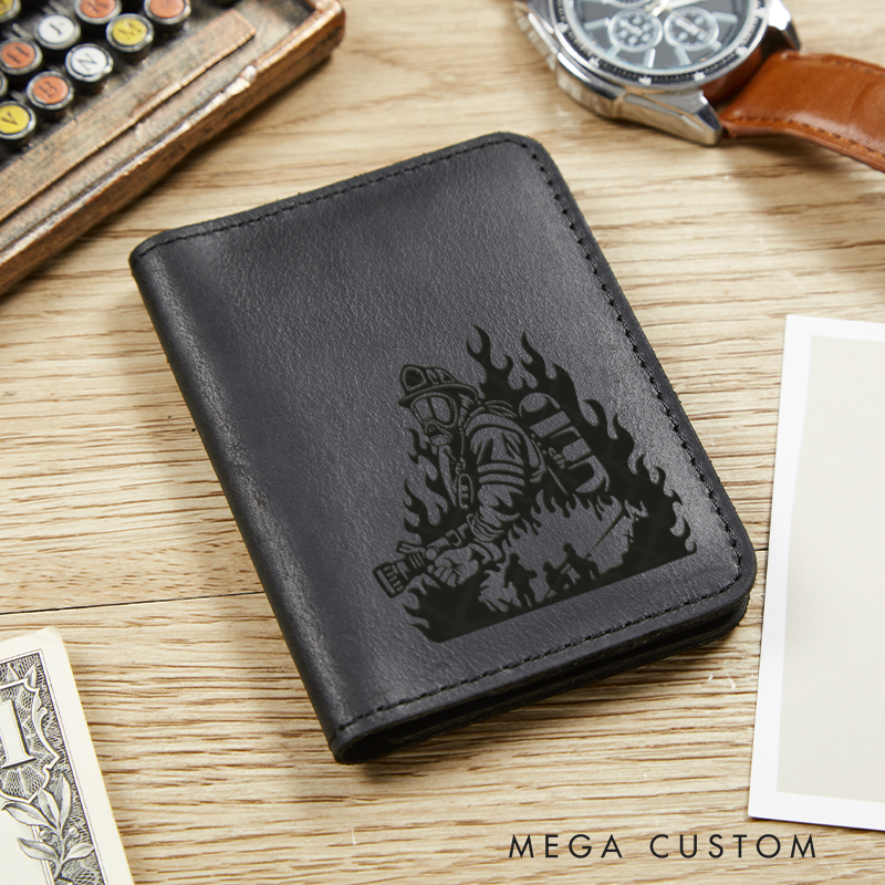 Personalized Leather Card Holder Wallet Firefighter Theme Gift for Firefighter