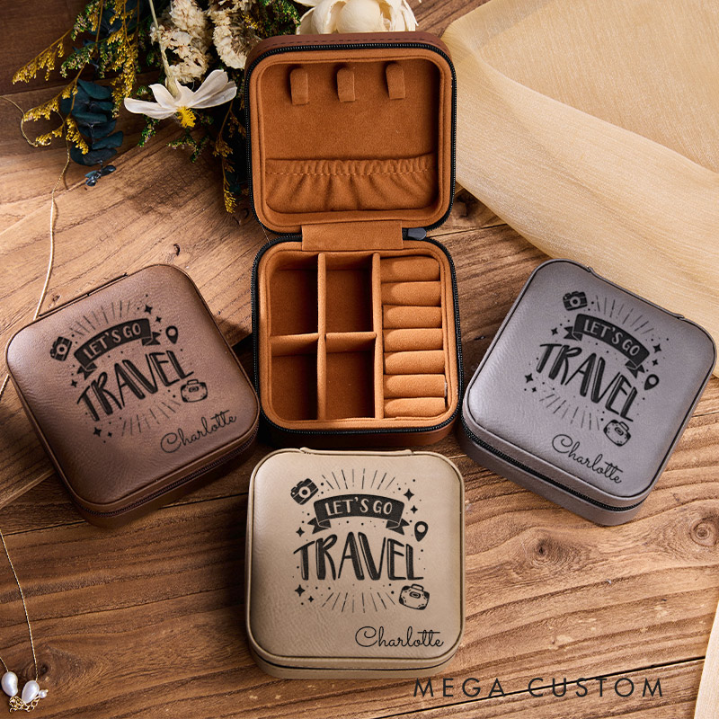 Personalized Let's Go Travel Jewelry Box for Traveling Lovers Travel Jewelry Box Leather Jewelry Case