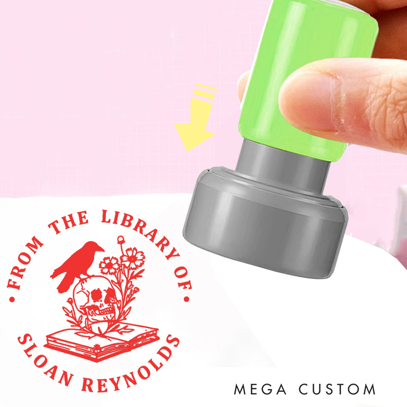 Personalized Flower Book and Skull Book Stamp Round from the Library of Stamp with Name Custom Halloween Stamp for Book Lover Gift Bookish Gift