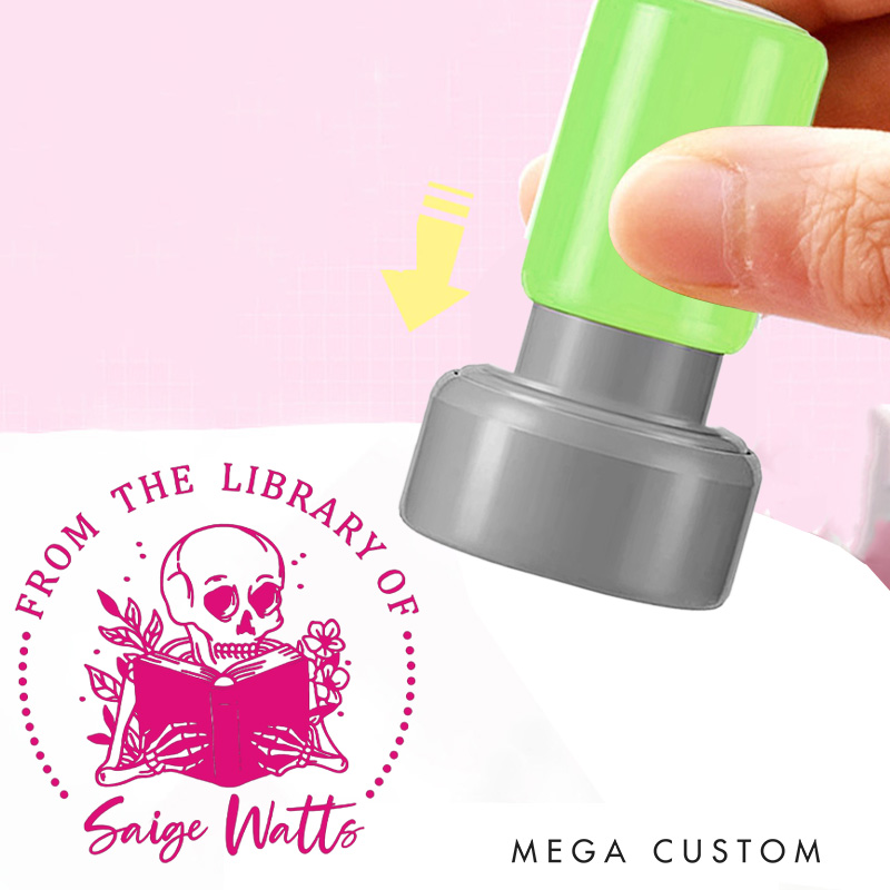 Personalized Reading Skull and Flower Book Stamp Custom from the Library of Stamp with Name Round Stamp for Book Lover Gift Bookish Halloween Gift