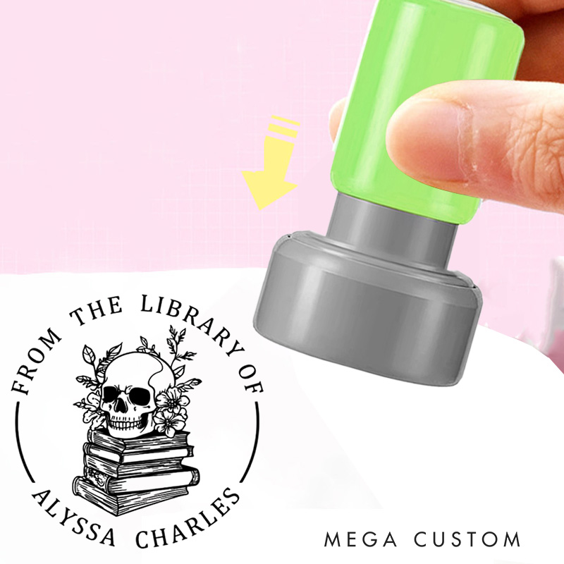 Personalized Flower Book and Skull Book Stamp Custom from the Library of Stamp with Name Round Stamp for Book Lover Gift Bookish Halloween Gift