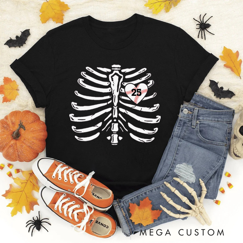 Personalized Custom Skeleton Ribcage T-Shirt with Custom Number and Heart Design  