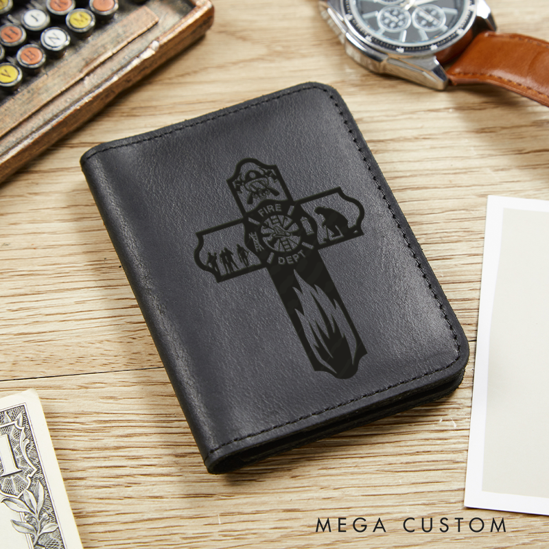 Personalized Leather Card Holder Wallet Firefighter Cross Gift for Firefighter