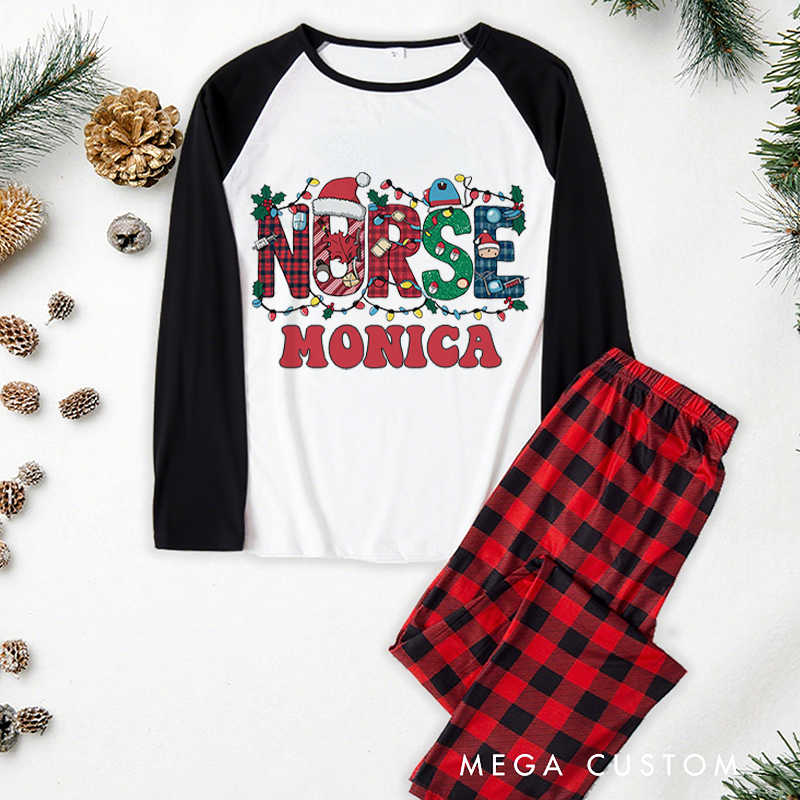 Personalized Nurse Christmas Pajama Sets Custom Nurse Christmas Lights Design Pajamas Xmas Gift