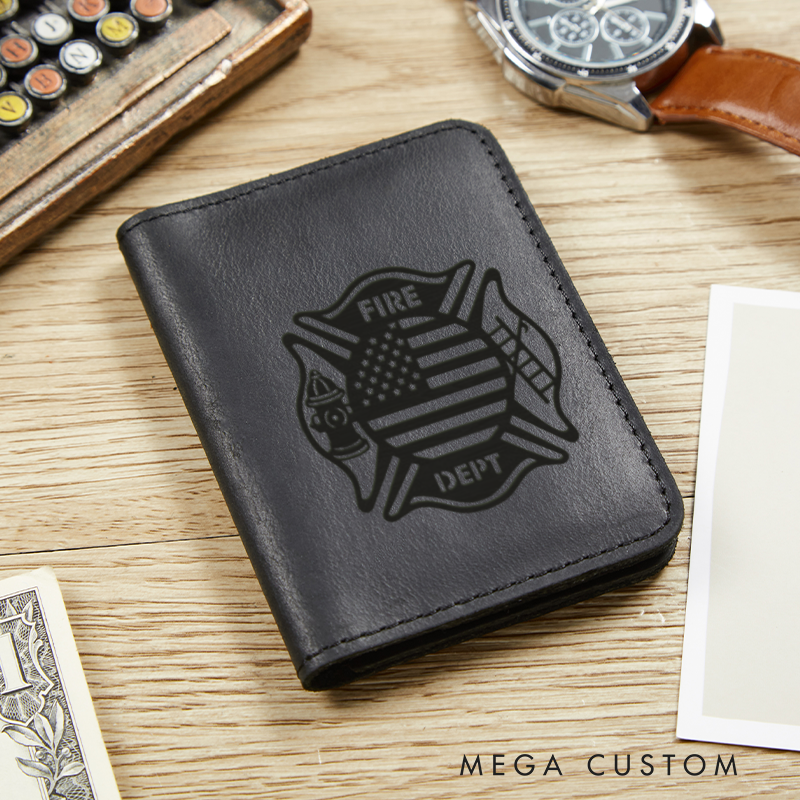 Personalized Leather Card Holder Wallet Firefighter Badge Gift for Firefighter