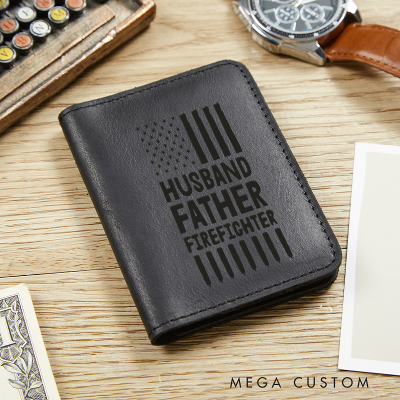 Personalized Leather Card Holder Wallet Husband Father Firefighter Gift for Firefighter