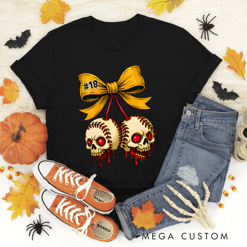 Personalized Halloween Themed Shirt with Skull Baseballs and Custom Number