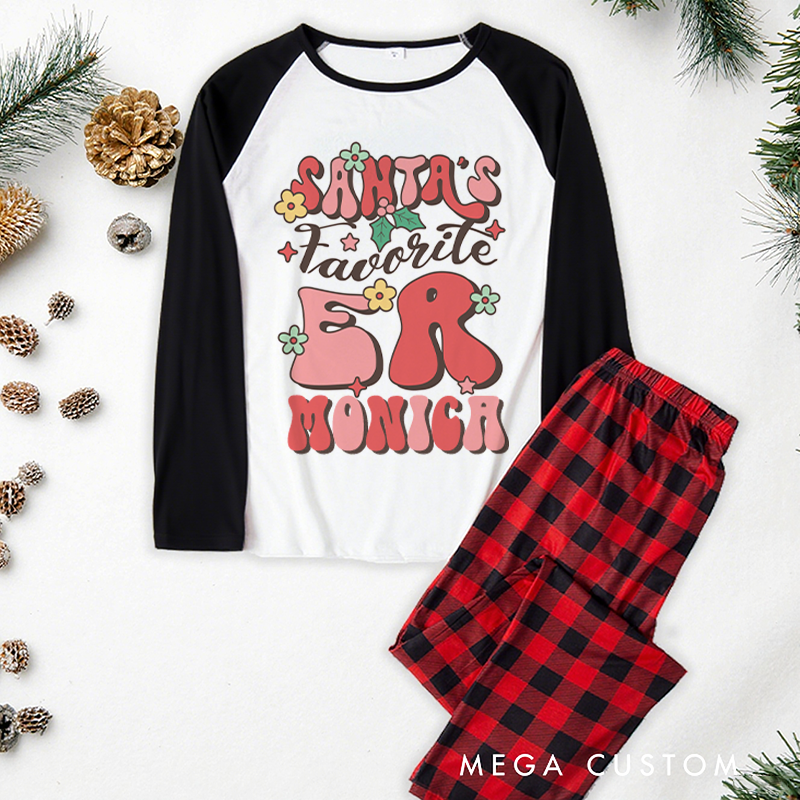 Personalized Nurse Christmas Pajama Sets Custom Santa's Favorite ER Design Pajamas Xmas Gift