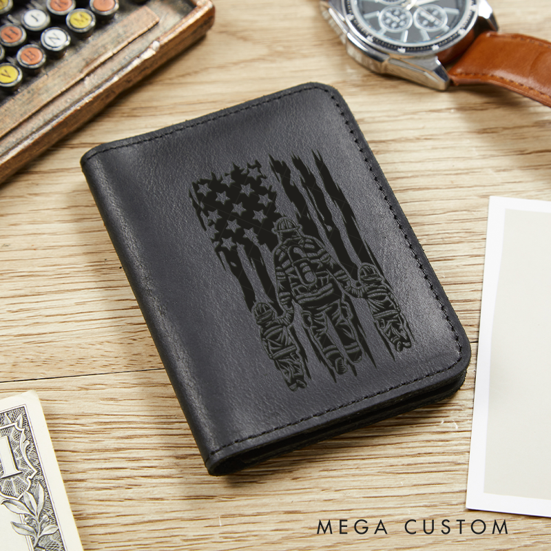 Personalized Leather Card Holder Wallet Firefighter Flag Gift for Firefighter