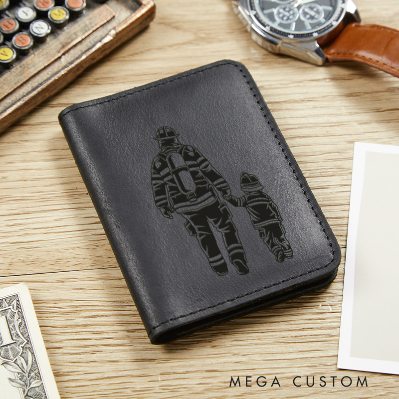 Personalized Leather Card Holder Wallet Firefighter and Child Gift for Firefighter