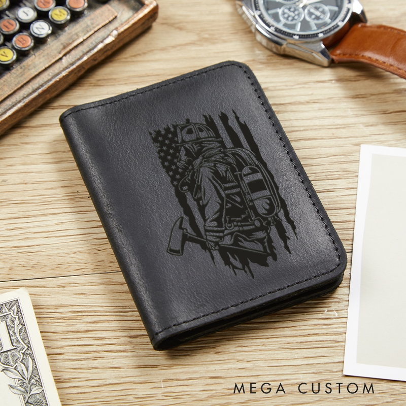 Personalized Leather Card Holder Wallet Firefighter with Axe Flag Gift for Firefighter