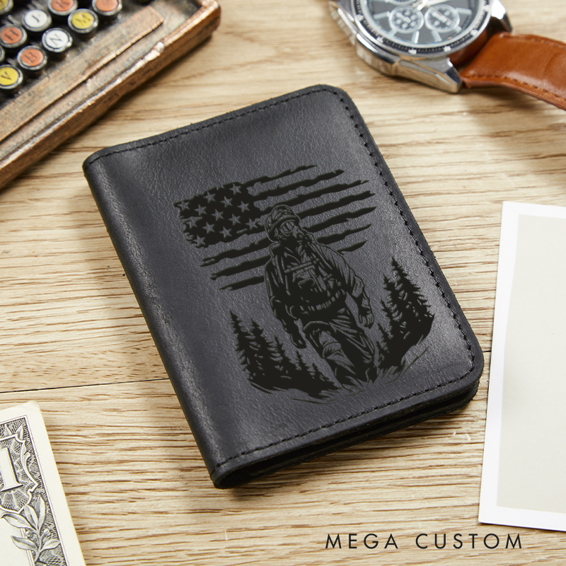 Personalized Leather Card Holder Wallet Firefighter Forest Flag Gift for Firefighter