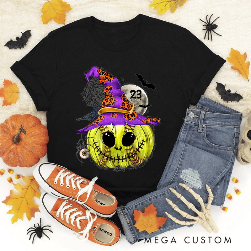 Personalized Enchanted Softball Pumpkin Witch T-Shirt with Custom Number