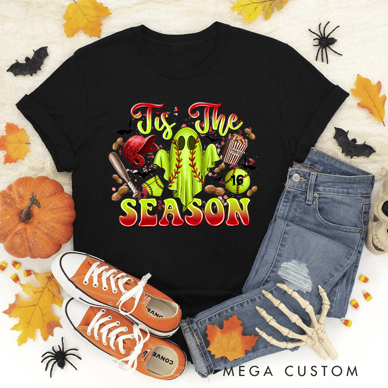 Personalized Halloween Softball Ghostly Cheer t-shirt with Custom Number