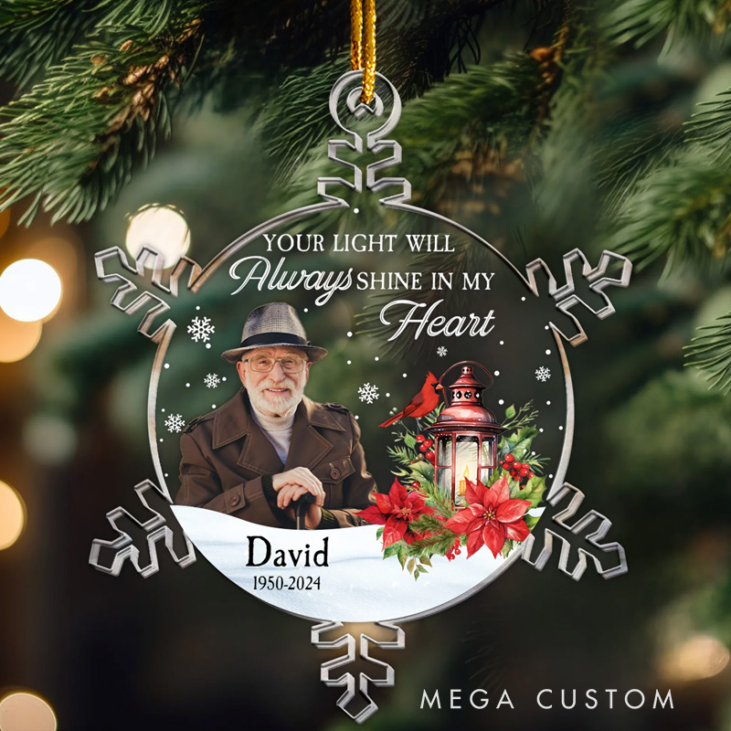 Personalized Memorial Photo Ornament Snowflakes Custom Your Light Will Always Shine Memorial Ornament Custom Acrylic Ornament 