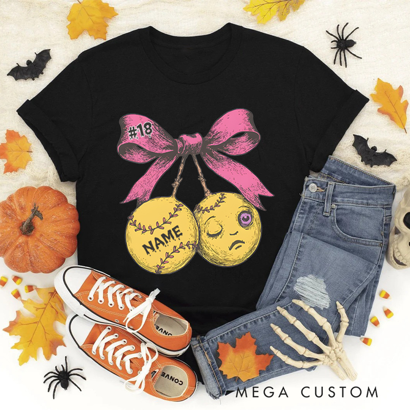 Personalized Halloween Baseball T-Shirt with Custom Name and Pink Bow Design  