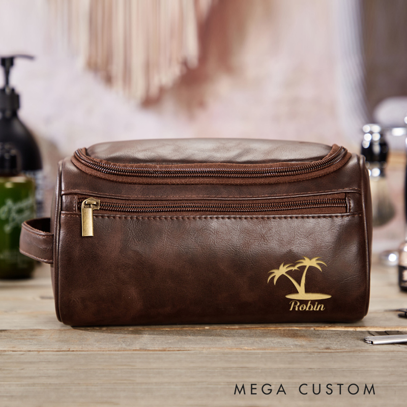 Personalized Palm Tree Toiletry Bag Leather Toiletry Bag for Traveling Lovers Vacation Travel Gift for Him