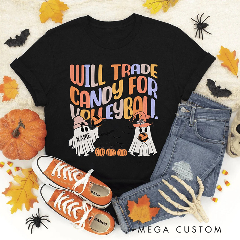  Personalized "Will Trade Candy for Volleyball" Shirt with Customizable Details 