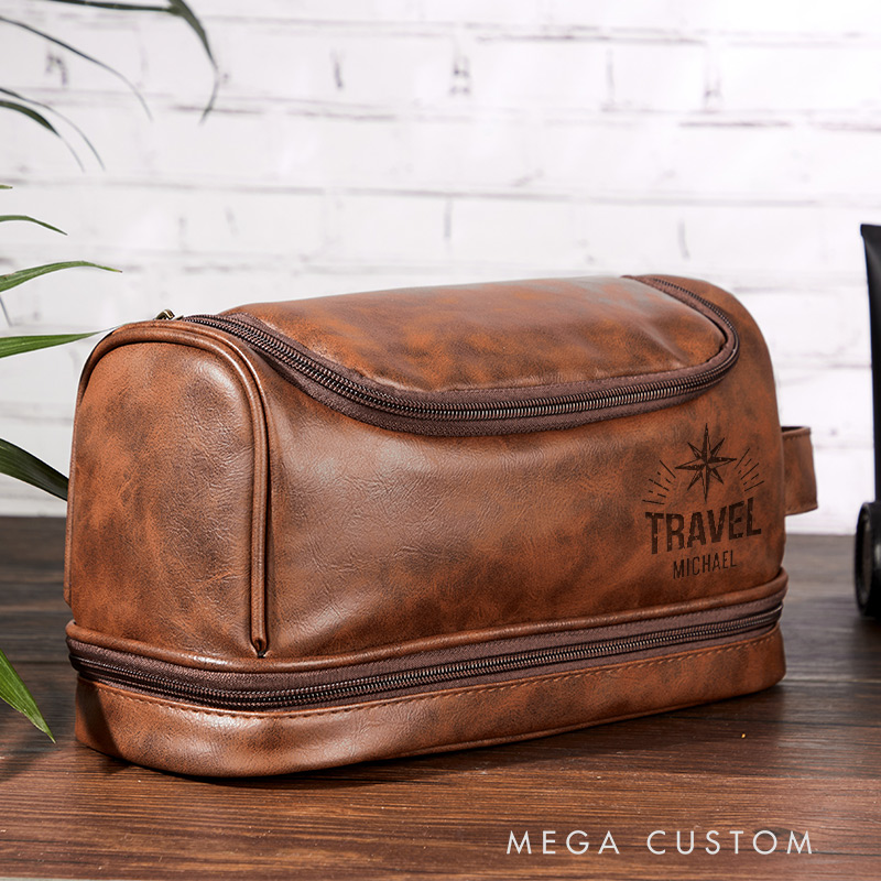 Personalized Travel  Leather Toiletry Bag Gift for Traveling Lovers Laser Engraved Leather Travel Kit