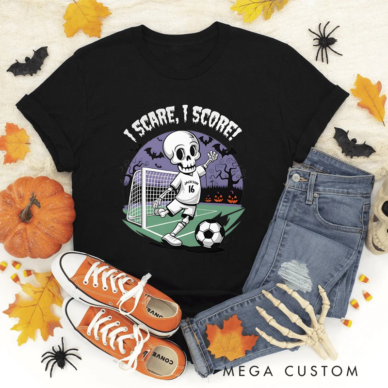 Personalized Halloween Soccer T-Shirt with Skeleton Design, Custom Name, and Number