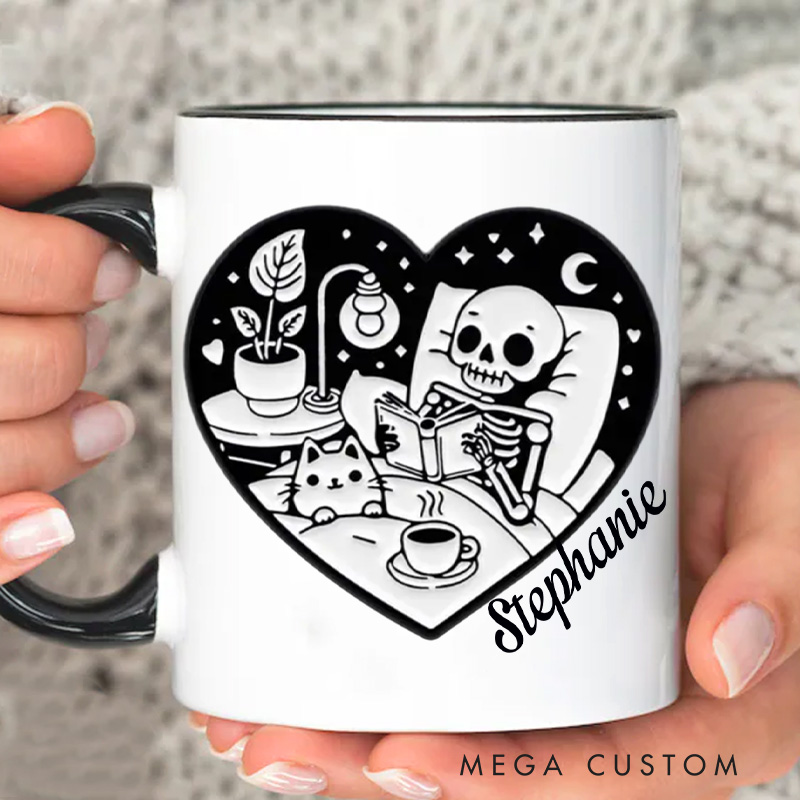 Personalized Skeleton Reading Book Mugs Custom Heart Shape Around Skeleton and Cat with Name Book Lover Gift Librarian Gift Halloween Gift